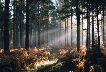 This image showcases a forest scene where sunlight penetrates through the trees, illuminating the ground. The composition highlights the tall, dense trees and the natural light. It could be used in various commercial or editorial contexts to evoke a sense of nature and serenity.の素材