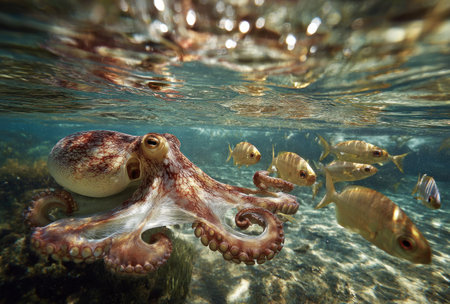 An underwater scene features an octopus with its tentacles extended, surrounded by several small fish. The image displays a clear water environment with natural sunlight and a variety of textures. Potential uses include educational materials and illustrations. The composition is balanced.の素材
