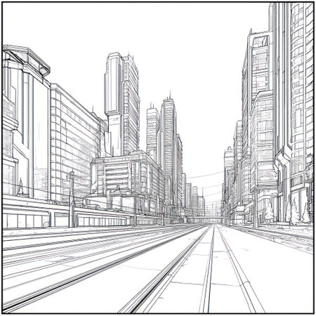 An architectural perspective showcases a city street lined with modern skyscrapers. The black and white sketch depicts clean lines and geometric shapes. The composition uses linear perspective to emphasize depth. It's suitable for illustrating urban environments or architectural concepts. It may be used for editorial and commercial applications.の素材