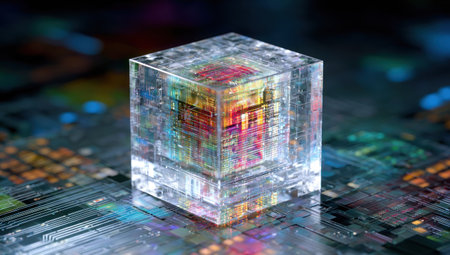 A translucent cube reveals intricate internal circuitry, showcasing a vibrant display of colors. The cube sits on a detailed electronic surface, highlighting a digital aesthetic. The image features a shallow depth of field, emphasizing the core subject. It is suitable for design, technology, or scientific projects.の素材