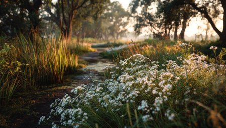 A scenic landscape showcases a forest path leading through wildflowers and tall grass. The image features soft lighting and natural colors, with a blurry background indicating a deeper forest. This image could be used for illustrating nature, outdoor activities, or environmental themes in various commercial projects.の素材