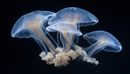 This image features a group of jellyfish with translucent bodies and flowing tentacles. The creatures are illuminated against a dark backdrop, highlighting their delicate structures. The composition emphasizes the aquatic life and can be suitable for scientific, educational, and artistic purposes.の素材