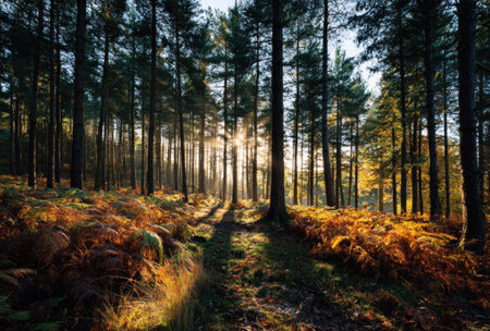 The image showcases a sunlit forest scene, with tall trees and dappled light creating a captivating display of shadows. Golden foliage and green undergrowth enhance the natural ambiance. This evocative image could be used for various commercial or editorial purposes, conveying a sense of serenity.の素材