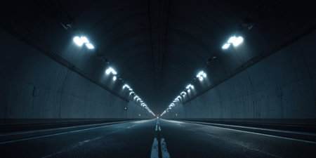 A long tunnel interior features symmetrical architecture with lights along the ceiling. The perspective leads the eye down a dark road. The scene is illuminated by artificial lighting, creating a contrast between light and shadow. Suitable for illustrating travel or infrastructure concepts, and commercial applications.の素材