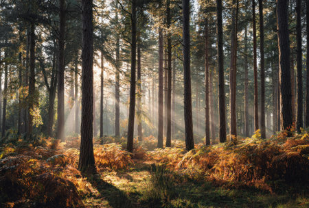 The image showcases a sunlit forest scene, with tall trees and dappled light. The composition features a depth of field, highlighting the textures of the bark and foliage. The warm color palette and soft lighting create a peaceful environment, suitable for various editorial and commercial applications.の素材