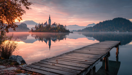 A serene lake landscape presents a wooden dock extending towards a small island with a church. Soft colors of pink and orange paint the sky during sunrise. The calm water reflects the island and sky, creating a balanced composition. Suitable for travel, tourism, or scenic visuals.の素材