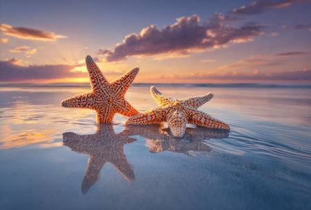 Two starfish are presented on a wet surface with a scenic background of clouds and a sunset. The image displays a soft color palette with natural lighting. This composition suits commercial applications needing images of nature, serenity, or travel related concepts.の素材