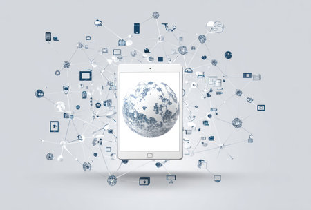 A white tablet with a globe image is the focal point, surrounded by a network of small, blue-gray digital icons. The composition utilizes a clean, minimal aesthetic with soft lighting. The image suggests technological connectivity and could be suitable for marketing or editorial purposes.の素材