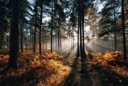 Sunlight illuminates a dense forest in this image. The scene displays tall, slender trees with dappled sunlight. The composition features a pathway, framed by foliage in various shades of brown and orange, suggesting an autumnal environment. This image could be used for nature-themed projects or editorial content.の素材