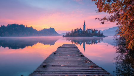 A wooden pier extends into a calm lake, leading towards a small island with a church and trees. The sky displays a gradient of colors during sunrise. The tranquil scene is illuminated by soft lighting, suggesting an early morning setting. This image is suitable for various commercial uses, including travel and scenic photography.の素材