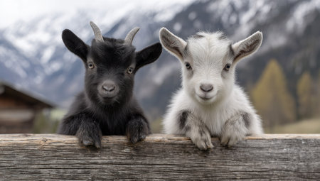 Two young goats of contrasting colors pose together behind a rustic wooden fence. One is black, the other white. The image displays a shallow depth of field, with soft focus on the background. The scene suggests a rural setting, possibly a farm or pasture, with potential uses in wildlife or nature-themed content.の素材