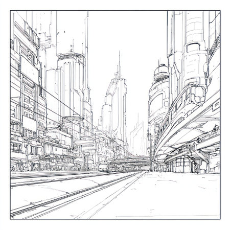 This black and white drawing depicts a futuristic cityscape with tall buildings. The image shows architectural details with a linear perspective, the composition emphasizes straight lines and geometric forms. Suitable for illustrating concepts of technology, urban development, and design, it has potential for various editorial and commercial applications.の素材