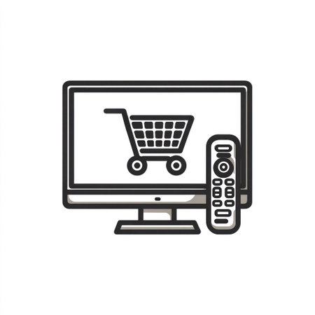 A flat illustration depicts a television screen displaying a shopping cart symbol, accompanied by a remote control. The design uses bold, black lines against a white background. This graphic could be utilized for various digital design projects related to commerce and online transactions. The simple composition and isolated elements offer versatile applications.の素材