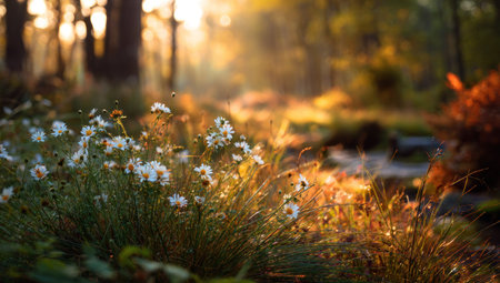 A field of white flowers are bathed in warm sunlight in a forest environment. The image exhibits a shallow depth of field, with soft focus on the foreground flowers. The color palette consists of greens, yellows, and oranges, providing a sense of serenity. Suitable for diverse commercial and editorial applications.の素材
