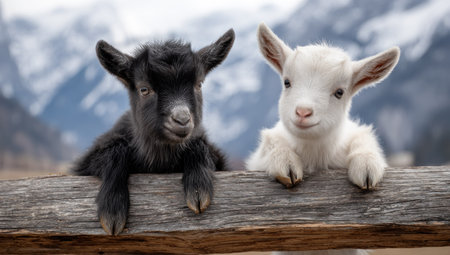 Two young goats, one black and one white, are perched on a wooden fence. The image showcases the goats' soft fur, alert expressions, and contrasting colors. The composition is well-lit, possibly outdoors with a backdrop of blurred mountains. This image could be used for various commercial or editorial purposes.の素材