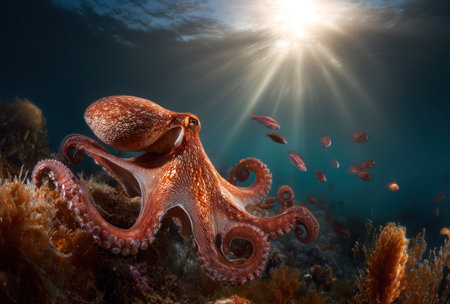 A vibrant octopus extends its tentacles in a deep blue ocean setting. Sunlight streams from above, illuminating the creature and small fish. The image showcases detailed textures and a dynamic composition. It could be suitable for educational materials, scientific publications, or various commercial projects.の素材