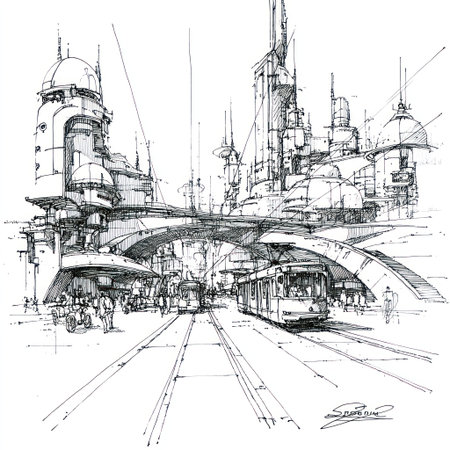 An illustrative sketch depicts a futuristic city with train lines and architectural elements. The monochromatic composition features buildings, overhead structures, and vehicles. The artwork is characterized by linear perspective and intricate details. Suitable for commercial or editorial applications concerning urban planning and design.の素材