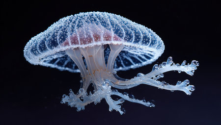 A close-up view displays a jellyfish with a translucent body and trailing tentacles. The creature exhibits a bluish-white hue, contrasting with a deep black backdrop. The lighting highlights its delicate form. Suitable for commercial projects or editorial content relating to marine life and underwater themes.の素材