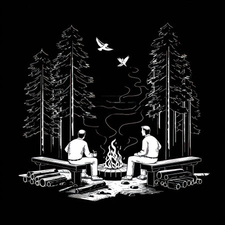 An illustration depicts two individuals sitting by a bonfire within a forest. The black and white image showcases stylized trees, flames, and smoke. The composition and lighting create a sense of nighttime or low-light conditions. Suitable for various editorial and commercial applications related to illustration and design.の素材