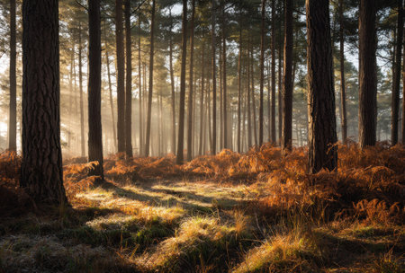 A forest scene showcases towering trees and ground-level foliage bathed in sunlight. The image exhibits warm, earthy tones with detailed textures and long shadows. The composition suggests a serene outdoor environment, possibly during the daytime. Suitable for various commercial and editorial applications.の素材