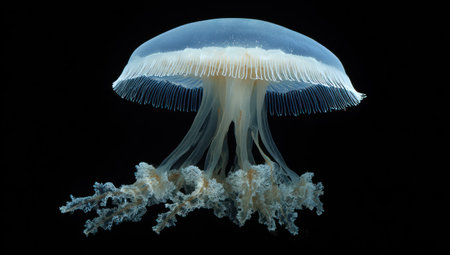 A translucent jellyfish is suspended in a dark environment, showcasing its delicate form. The creature's bell shape glows with a soft, ethereal light, while long, flowing tentacles extend downward. This image highlights the textures and shapes often seen in marine life, suitable for scientific or illustrative purposes.の素材