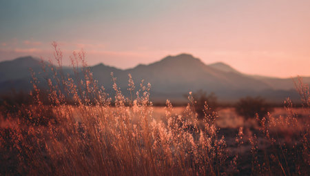 The image showcases a scenic landscape dominated by mountains and an expansive field. Predominant warm hues of gold and orange create a sunset ambiance. The composition suggests a serene outdoor setting, possibly suitable for nature-related editorial or commercial purposes.の素材