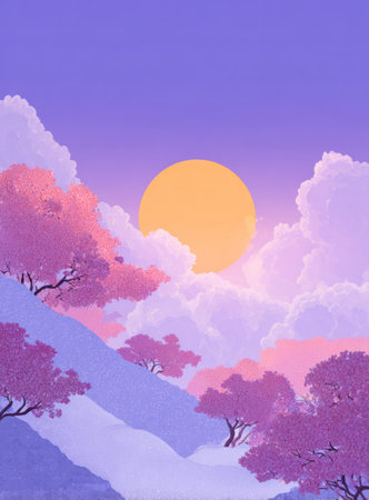 An illustration depicts a scenic mountain landscape with soft pink trees and white clouds under a warm, yellow sun. The composition uses pastel colors and gradients, creating a dreamlike atmosphere. Suitable for use in various design projects, this image could serve commercial purposes or illustrate articles on nature.の素材
