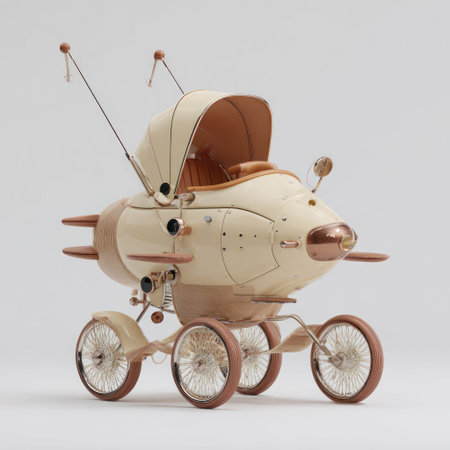 A cream-colored, conceptual baby carriage features a retro-futuristic aesthetic. It displays design elements reminiscent of a rocket or aircraft, with visible rivets and circular wheels. The composition, lit by soft light, highlights the carriage's form against a neutral backdrop. Suitable for promotional material or creative projects.の素材