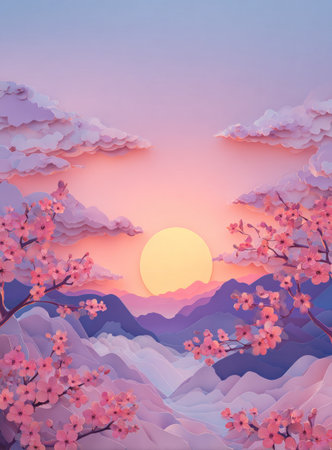An illustration depicts a sunset over a mountain range and blooming cherry blossoms. The scene features pastel hues of pink, purple, and orange. The composition suggests an outdoor environment with soft lighting and an artistic style. It is suitable for various commercial uses such as print or digital media.の素材