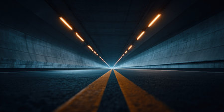An interior shot captures a tunnel, illuminated by overhead lights and road markings. The composition utilizes converging lines towards a vanishing point. The scene showcases a dark, muted color palette with shades of blue and yellow. This imagery could be employed for design, marketing, or illustrative purposes.の素材