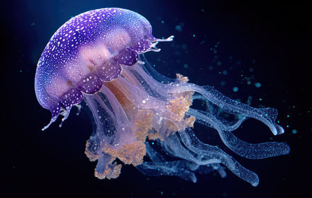 A close-up view presents a jellyfish with a violet-colored dome and trailing tentacles. Fine details of the marine creature are set against a dark, contrasting background. The underwater composition showcases the jellyfish's form. This image could be suitable for educational materials or illustrative purposes.の素材