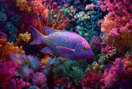 A close-up captures a vividly colored fish amidst an array of bright corals. The scene showcases an underwater environment rich with blues, purples, oranges, and greens. The image is brightly lit, ideal for commercial projects that aim to evoke underwater life and natural beauty.の素材