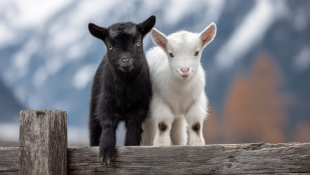 Two small goats, one black and one white, are positioned closely together, possibly on a wooden fence. The image displays a balanced composition with a soft focus background showcasing mountain peaks and natural colors. This scene could be used for various commercial projects and editorial needs.の素材