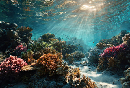An underwater scene features vibrant coral and marine life. Sunlight filters through the water creating a mesmerizing display of light and shadow. The image captures diverse colors and textures, suggesting a rich, natural environment. This visual is suitable for various commercial applications, including educational materials and environmental projects.の素材
