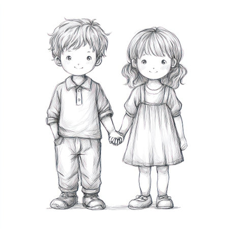 This monochrome illustration depicts two young children, a boy and a girl, standing and holding hands. The artwork showcases a pencil sketch style with soft shading, emphasizing the figures' features. The composition is simple, set against a plain background. Suitable for various editorial and commercial applications.の素材