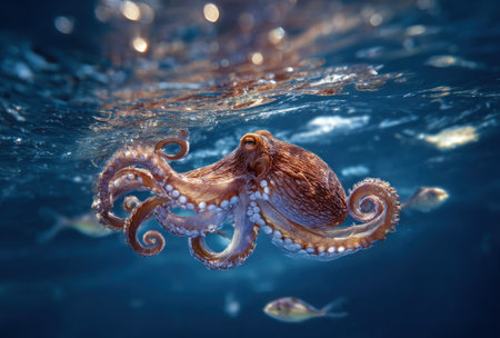 An octopus is captured underwater, showcasing its intricate form and textures. The image features shades of brown and blue, suggesting a deep-sea setting with natural sunlight. This composition could be used for educational materials, scientific publications, or various commercial projects.の素材