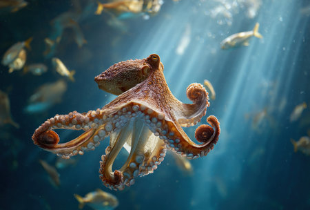 An octopus is shown gracefully swimming underwater. The image presents warm tones of the octopus against a deep blue background. Sunlight streams create a dynamic effect, while various fish surround the main subject. This image may be suitable for scientific publications or educational resources.の素材