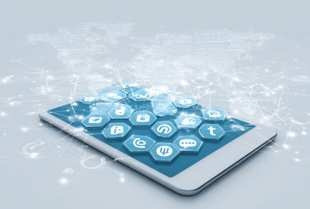 A modern tablet displays social media icons within a network of connections, set against a blurred world map. This digital composition utilizes a blue and white color scheme. The composition features a clean, high-tech aesthetic, suitable for various promotional and informational projects.の素材