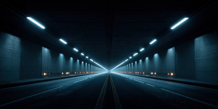 An interior shot reveals a long tunnel with symmetrical architecture. Overhead, a series of luminous lights illuminate the space. The scene uses a cool color palette with blues and blacks. This image could be suitable for various applications, including website backgrounds or editorial content.の素材