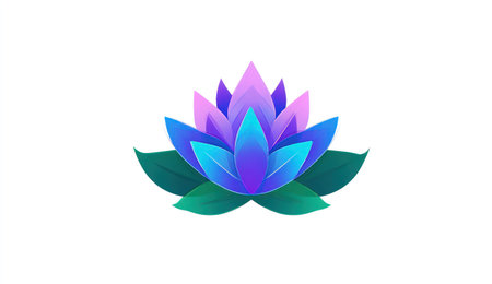 This image features a stylized lotus flower rendered with a gradient color scheme. The petals transition from purple to blue, complemented by green leaves. The composition is simple, isolated against a white background with soft lighting. Suitable for various design projects, including those related to beauty, wellness, or spirituality.の素材