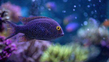 A fish with a dark, speckled body and yellow eye swims in a brightly lit aquarium. The image features a shallow depth of field, with soft focus on surrounding coral and bubbles. The scene evokes a sense of natural beauty, suitable for editorial and commercial applications.の素材