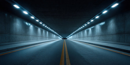 An interior shot of a tunnel features bright lighting fixtures along the walls and ceiling. The road is marked with yellow lines, drawing the eye toward the distant exit. The scene is characterized by cool, muted tones and an overall sense of depth. Suitable for various commercial and editorial applications.の素材