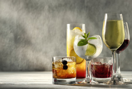 This image features a collection of assorted alcoholic drinks in different glasses. The composition showcases various beverages with colorful hues, ranging from clear to dark shades. The photograph employs studio lighting, highlighting the textures and forms of the drinks. This could be useful for advertising or editorial content about beverages.の素材