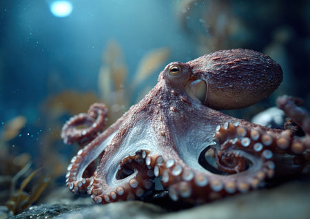 An octopus, the primary subject, is captured in an underwater environment, showcasing intricate details. The image displays a range of colors, textures, and forms. Soft lighting enhances the details of the creature. This photo is suitable for various commercial uses, illustrating marine life.の素材