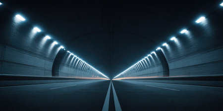An interior shot showcases a tunnel with evenly spaced bright lights creating a pathway through the dark. The composition features a symmetrical design with a road leading towards the vanishing point. The overall aesthetic suggests a sense of depth and movement, ideal for commercial projects related to transportation or infrastructure.の素材
