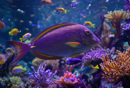 A striking purple fish with yellow stripes glides through a vividly colored coral reef. The scene showcases a dynamic underwater environment with various fish species and diverse coral formations. The image is brightly lit, suitable for illustrating marine biology, conservation, or educational materials.の素材