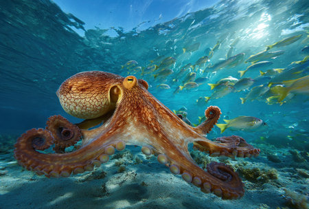 An octopus is featured in a vibrant underwater scene. The marine creature is brown and textured, exhibiting intricate patterns. It is positioned prominently, surrounded by blue water and a school of fish. This image might be suitable for editorial content, educational materials, or commercial projects related to marine life.の素材