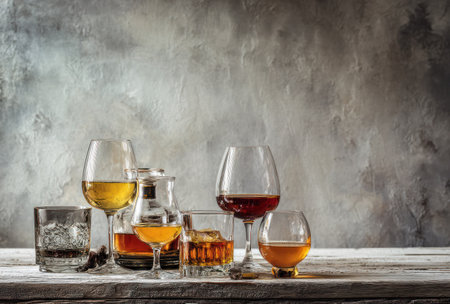 Various alcoholic drinks are displayed in glasses and bottles on a wooden surface. The composition features a range of colors and textures against a textured backdrop, lit with even lighting. This arrangement can be used for commercial and editorial purposes such as advertisements or illustrating articles.の素材
