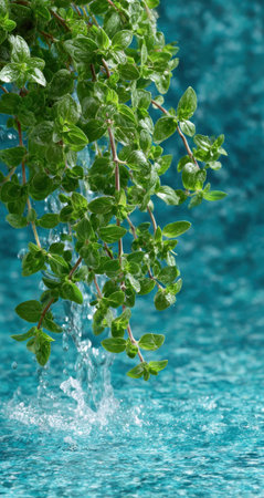 A close-up captures a green leafy plant with water cascading down, contrasting against a textured blue backdrop. The image displays a refreshing visual with the plant taking center stage and the water adding motion. Suitable for various applications, this image could be used for advertising or editorial content.の素材