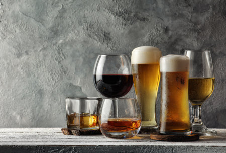 Various alcoholic drinks are presented in different glassware on a textured surface. The image showcases a range of beverages, from dark to light, against a neutral backdrop. The composition features diverse shapes and sizes, with a focus on color and texture. Suitable for advertising, editorial content, and design projects related to drinks.の素材